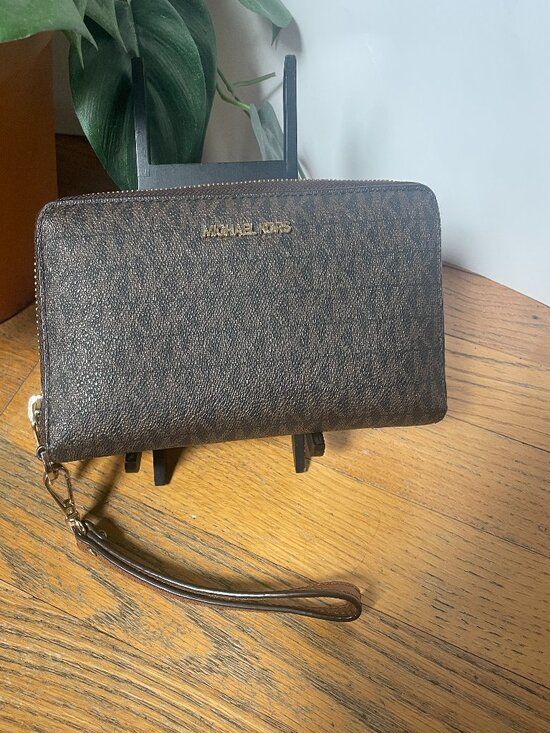 Michael Kors Handbags - Michael Kors Brown Large Zip Around Signature Logo Continental Wallet